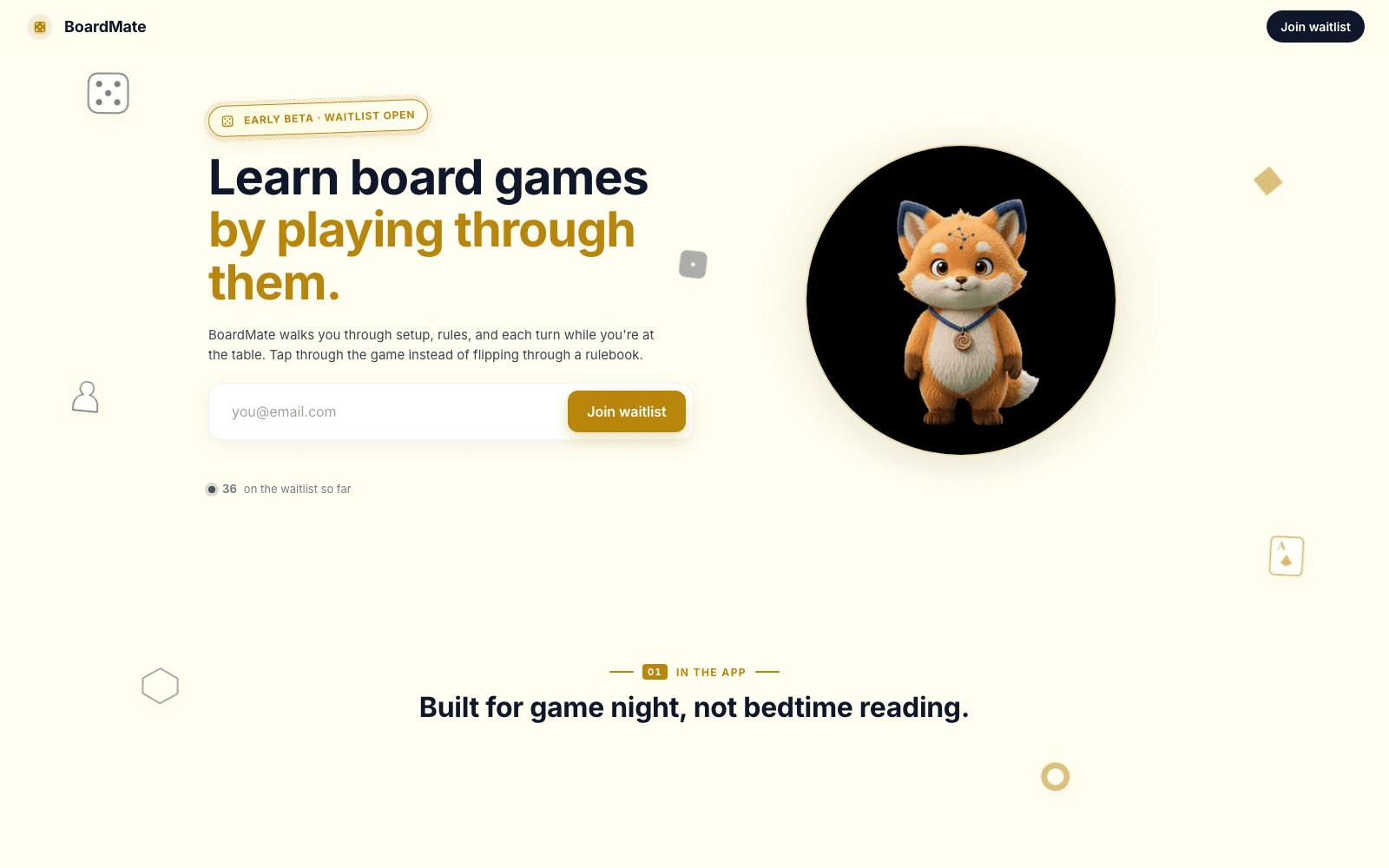 BoardMate landing page — learn board games by playing through them