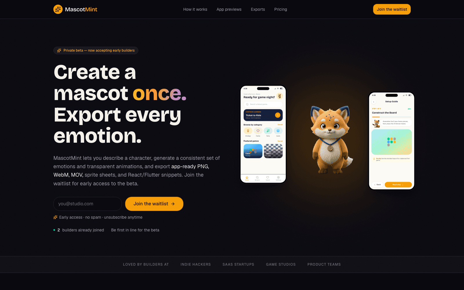 MascotMint landing page — create a mascot once, export every emotion